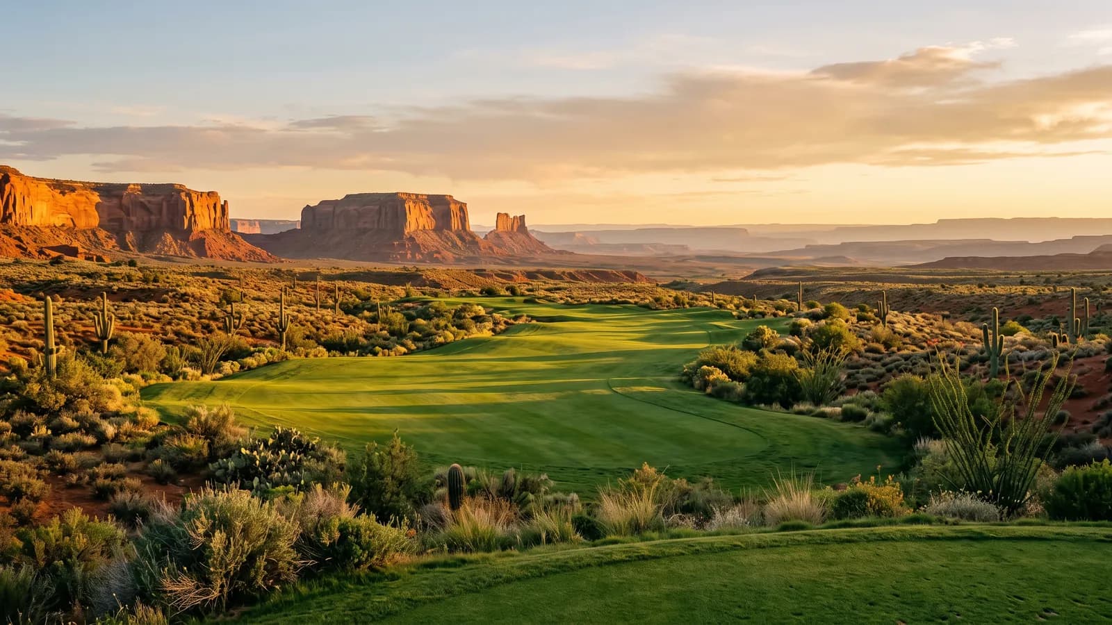 A green golf fairway winding through high desert beneath red-rock mesas and saguaro cactus at golden hour.