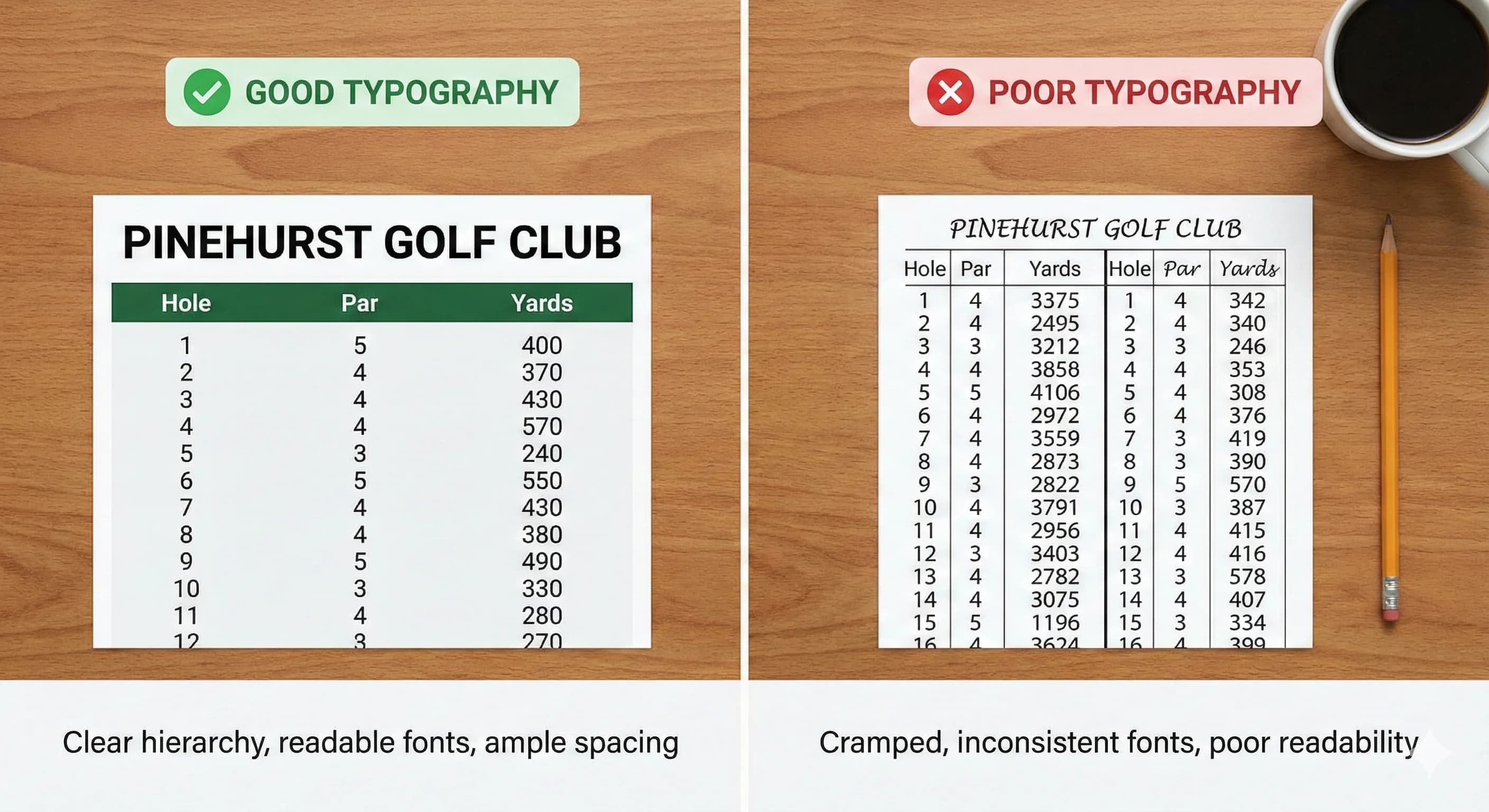 Side-by-side comparison of golf scorecards showing good typography with clear hierarchy and readability versus poor typography with cramped, inconsistent fonts