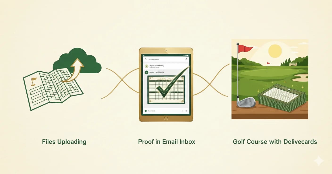 Process overview: files uploading, proof in email inbox, golf course with delivered scorecards