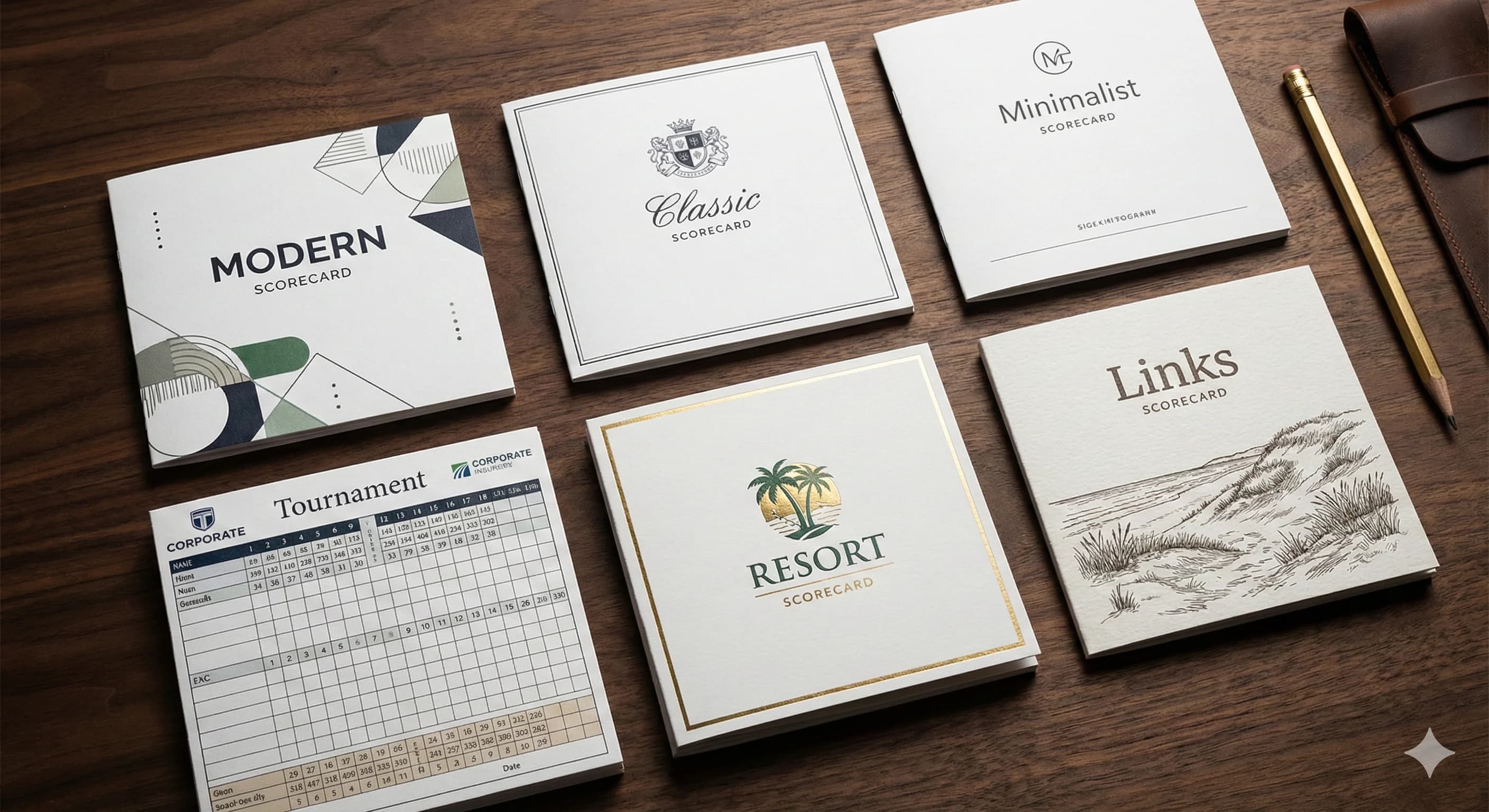Six different custom golf scorecard designs showing modern, classic, minimalist, tournament, resort, and links styles