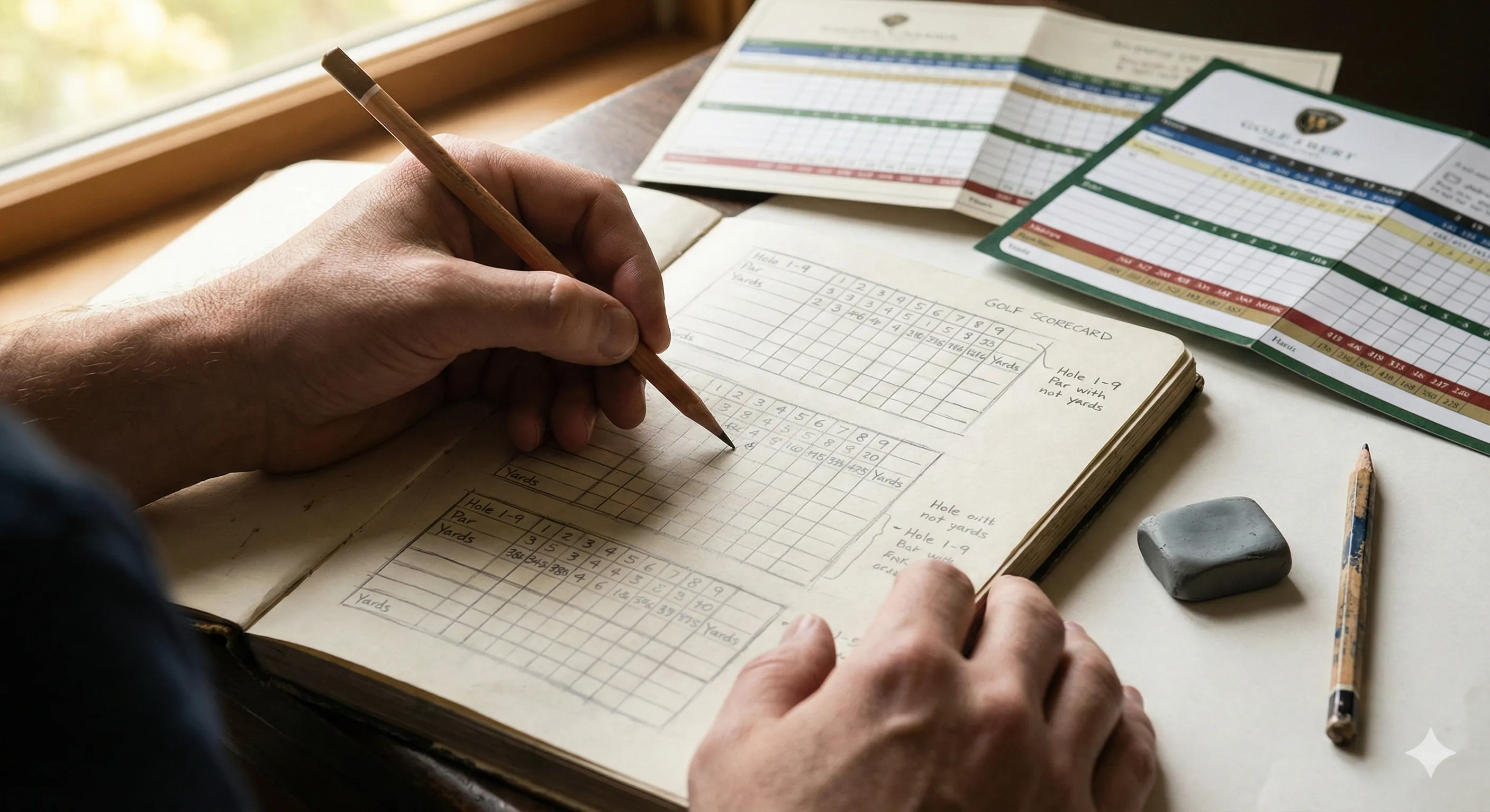 Hands sketching golf scorecard layout concepts in a design notebook with reference materials