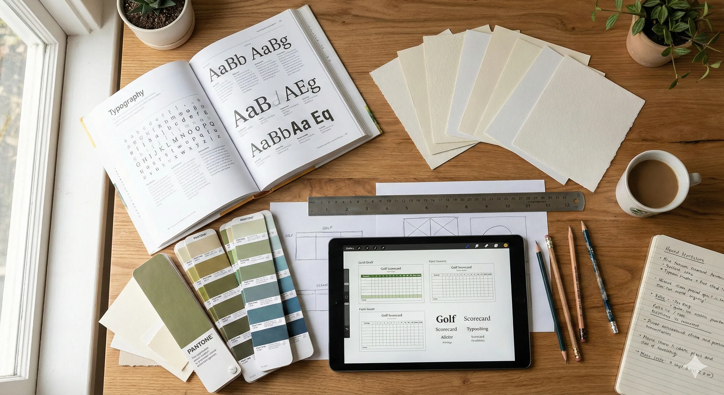 Creative workspace with golf scorecard design materials including color swatches, paper samples, typography guides, and digital designs on tablet