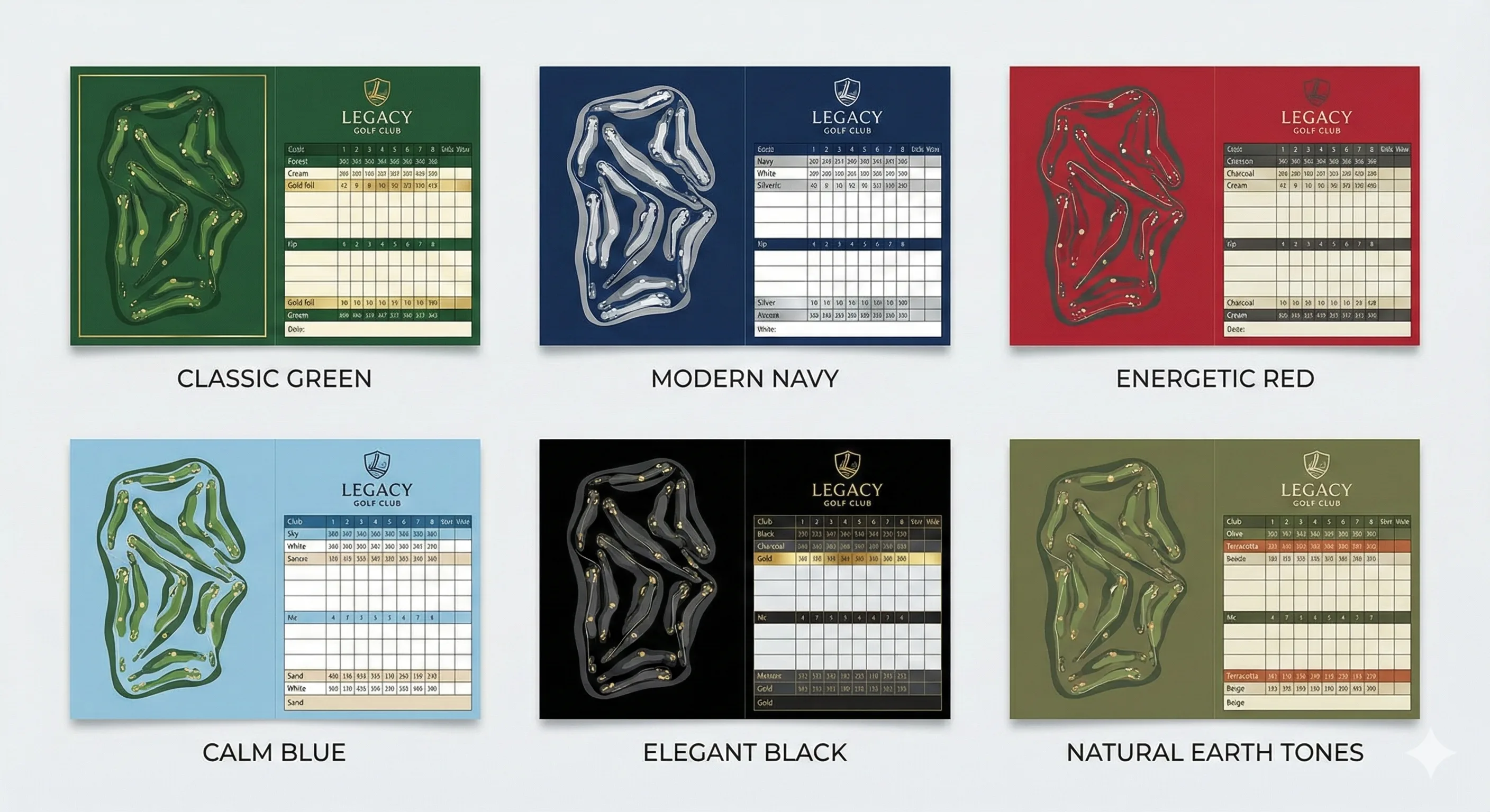Professional grid showing the same scorecard design in six different color schemes - classic green, modern navy, energetic red, calm blue, elegant black, and natural earth tones
