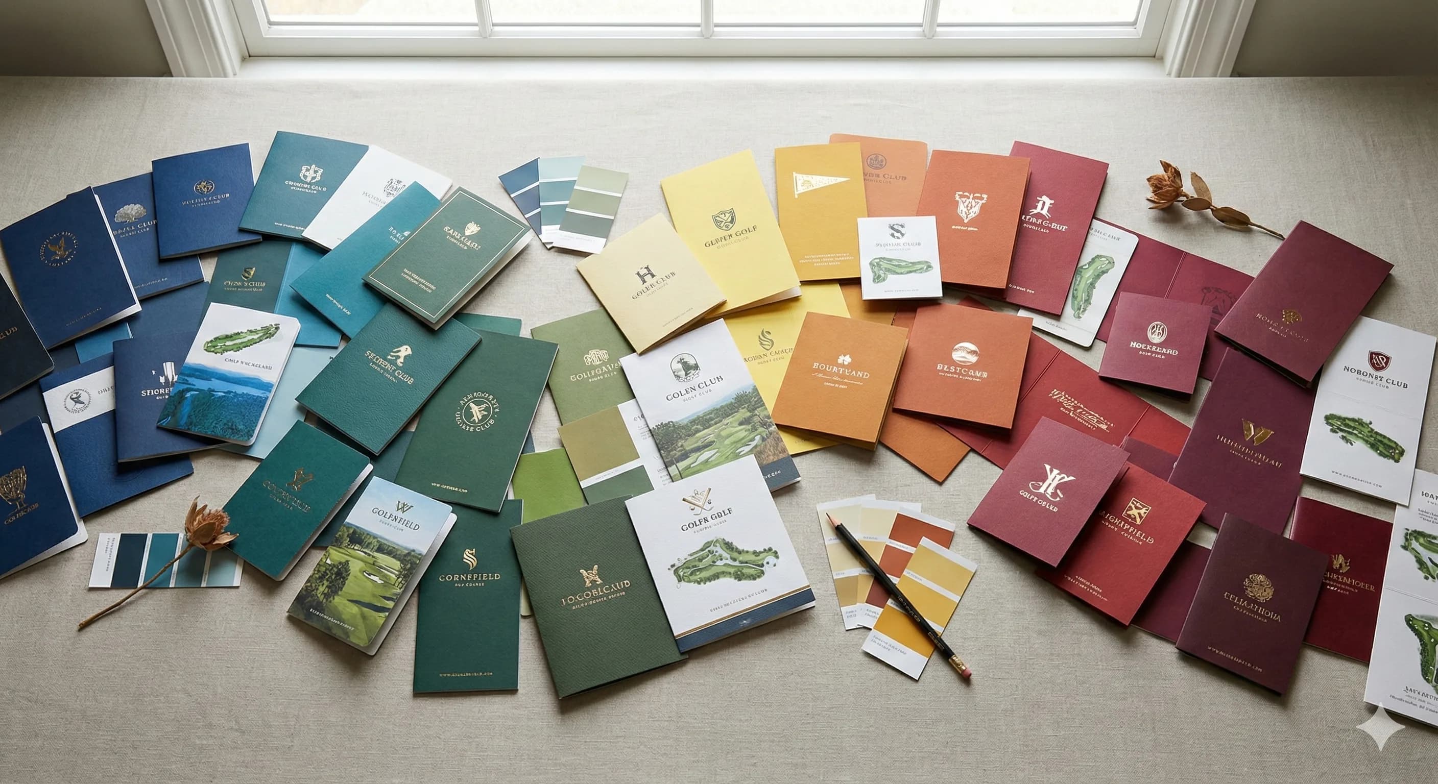 Artistic arrangement of golf scorecards in a gradient color spectrum, from cool blues and greens through warm oranges and reds, demonstrating the range of color possibilities for scorecard design