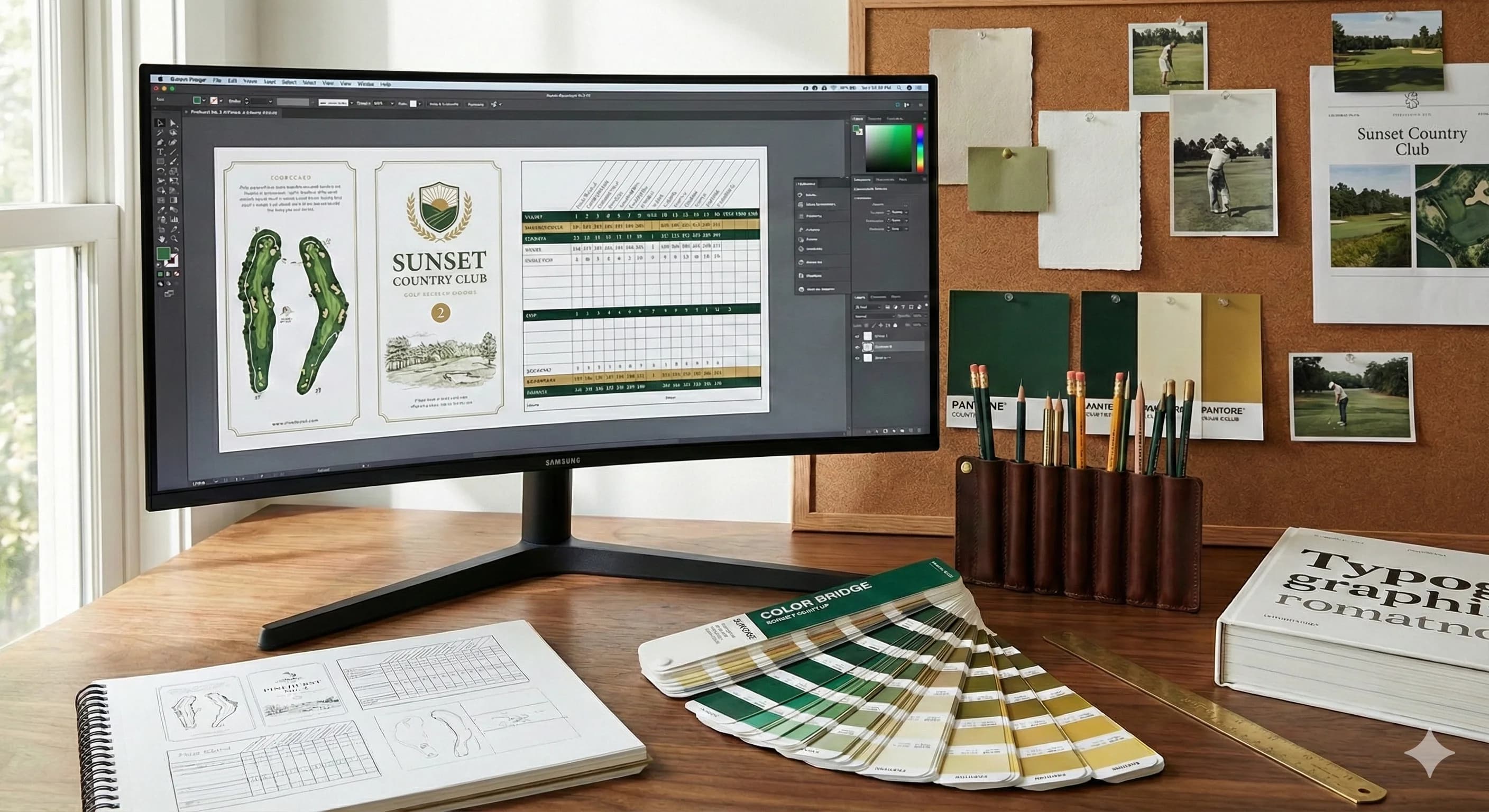 Designer's workspace showing golf scorecard design process with color swatches, typography samples, and layout tools on a professional desk