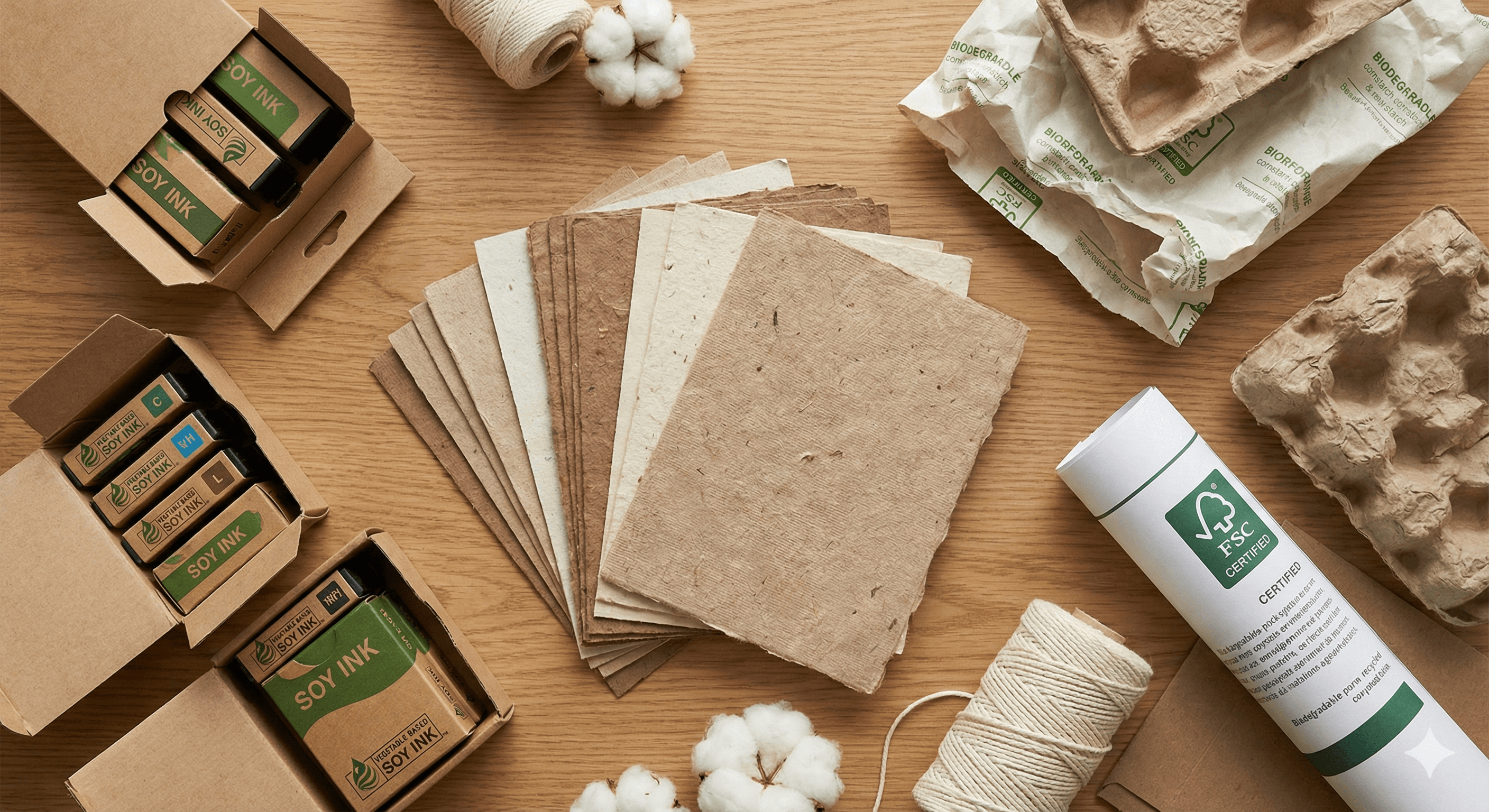 Flat lay of sustainable printing materials including recycled paper samples, soy-based ink cartridges, FSC certification documents, and natural cotton elements
