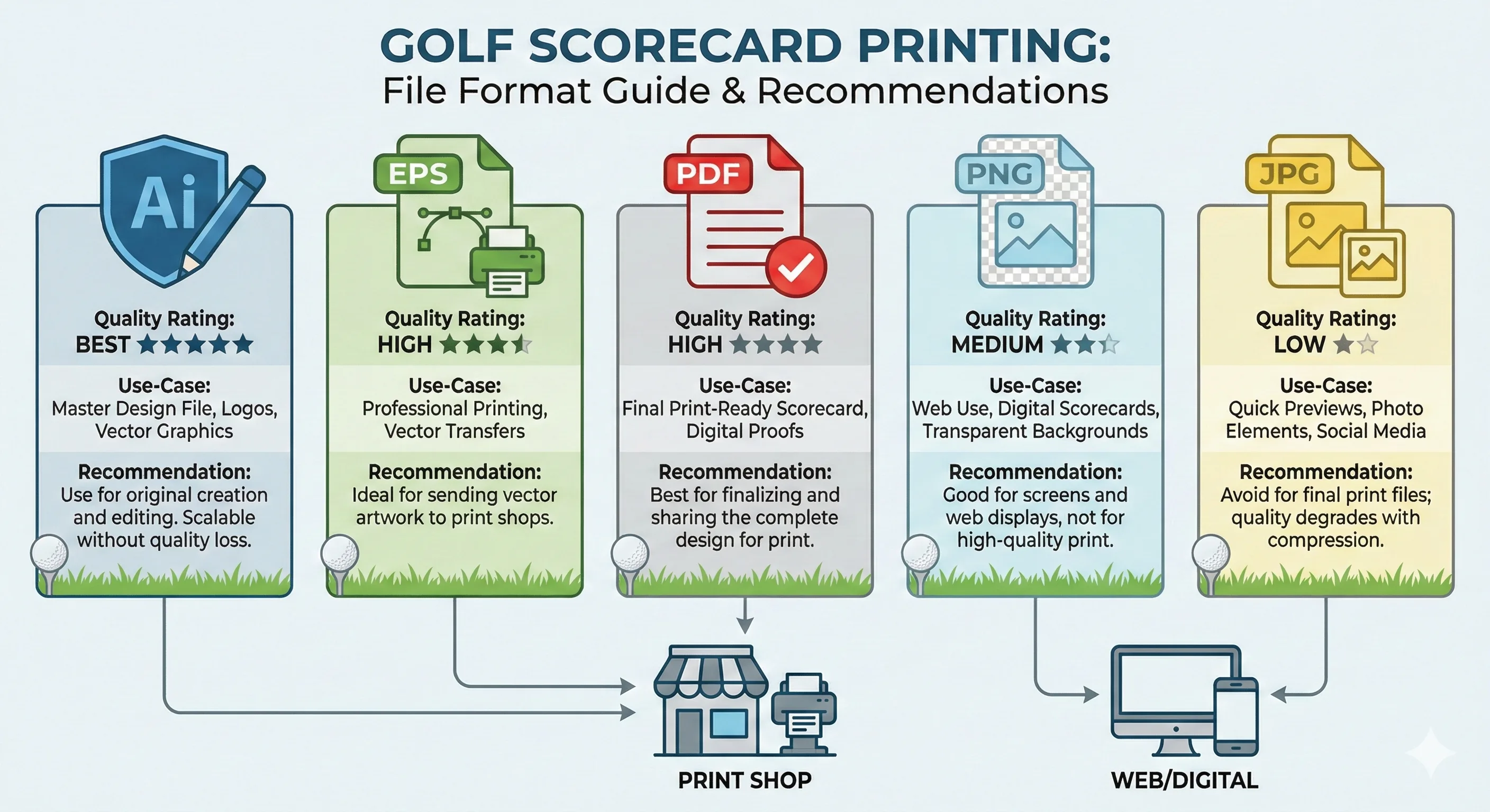 Visual diagram showing common file format icons (AI, EPS, PDF, PNG, JPG) with quality ratings and use-case recommendations for golf scorecard printing