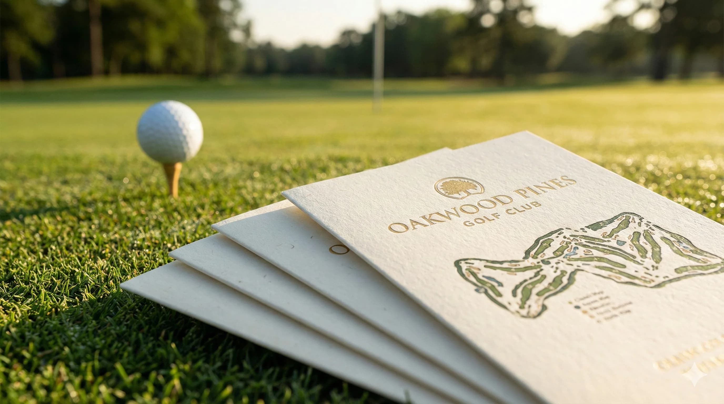 Premium custom golf scorecards fanned out on a putting green with elegant typography and course branding