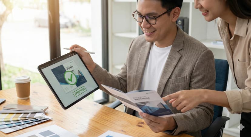 Person reviewing digital proof on tablet alongside physical sample, comparing quality and adding approval checkmark