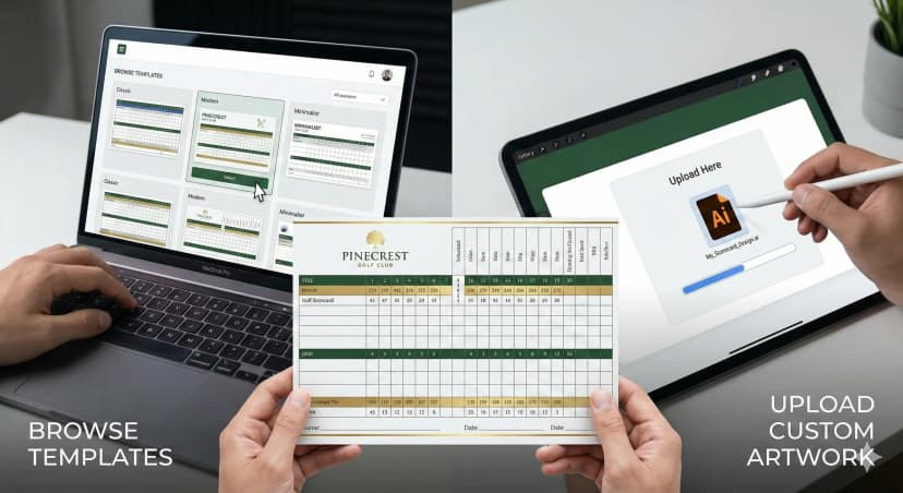 Split screen showing two paths to start: browsing a template gallery on laptop or uploading custom artwork, both leading to beautiful scorecard results