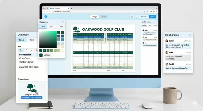 Designer's screen showing scorecard customization interface with color picker, text editing, and course logo placement in a collaborative design process
