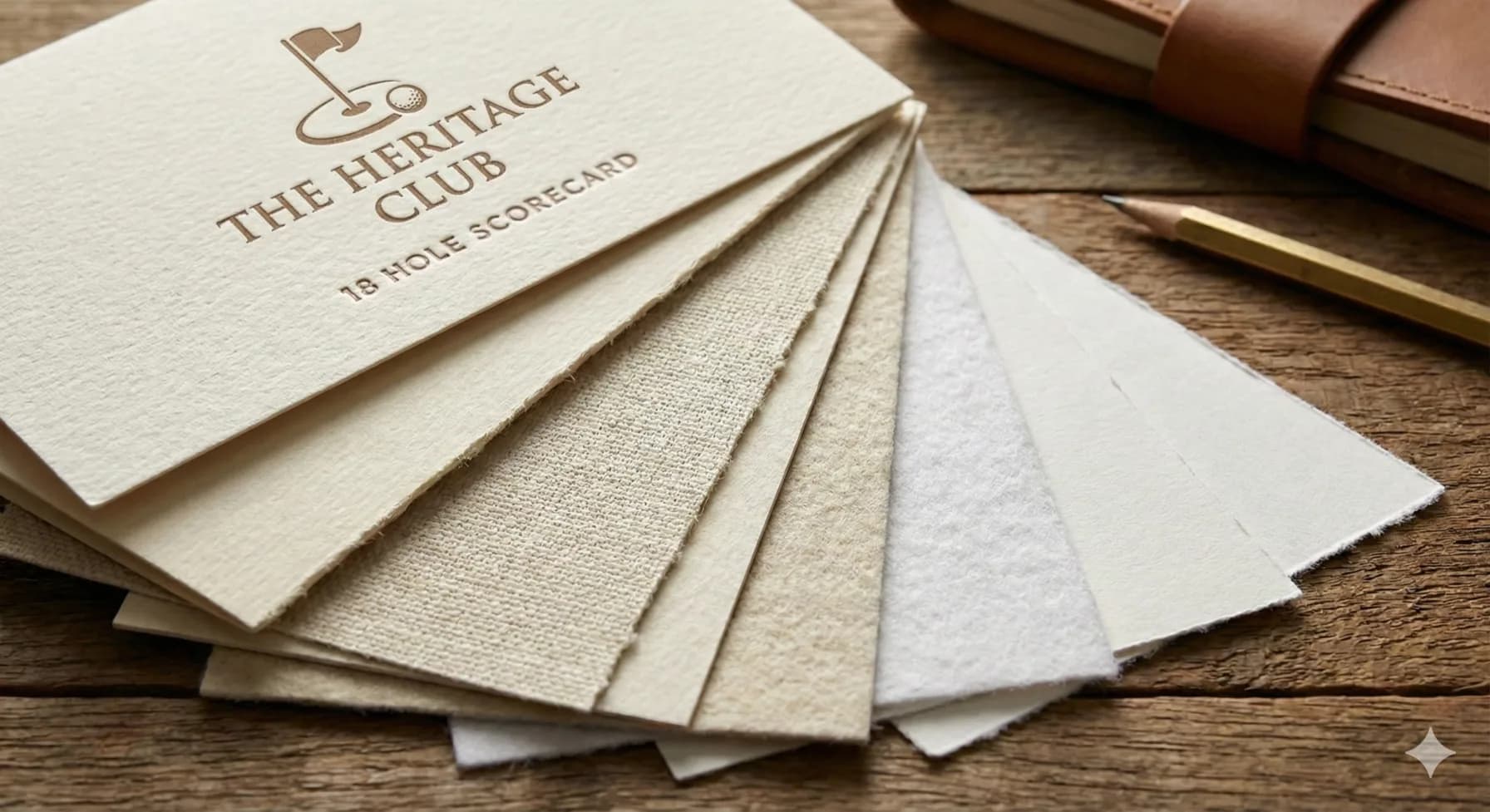 Elegant arrangement of paper samples fanned out showing different weights and textures, macro photography revealing paper fiber detail with golf scorecard corner visible