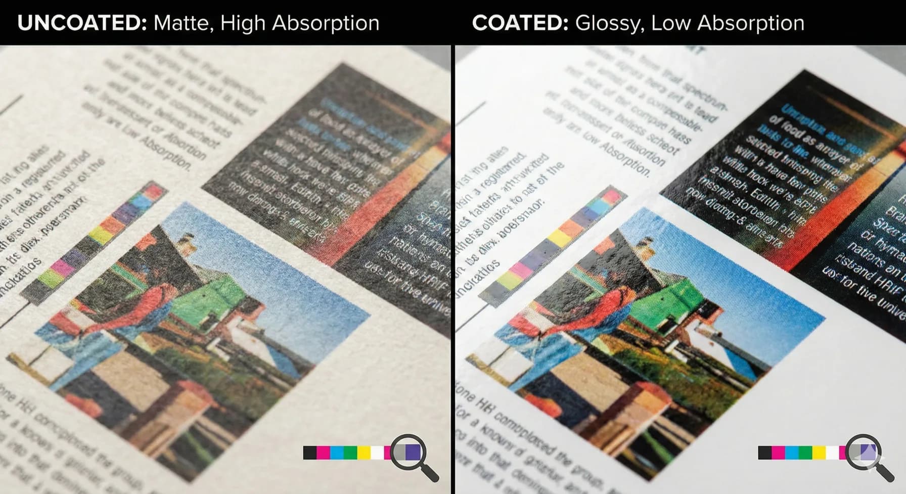 Side-by-side macro photography of same design printed on coated and uncoated paper, showing ink absorption differences and color vibrancy variation
