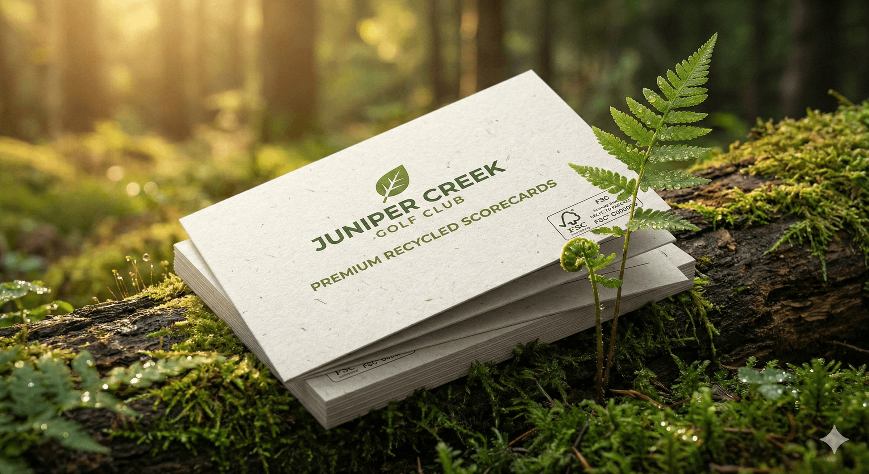 Premium recycled golf scorecards with FSC certification displayed in a natural forest setting, showcasing eco-friendly printing on sustainable paper stock