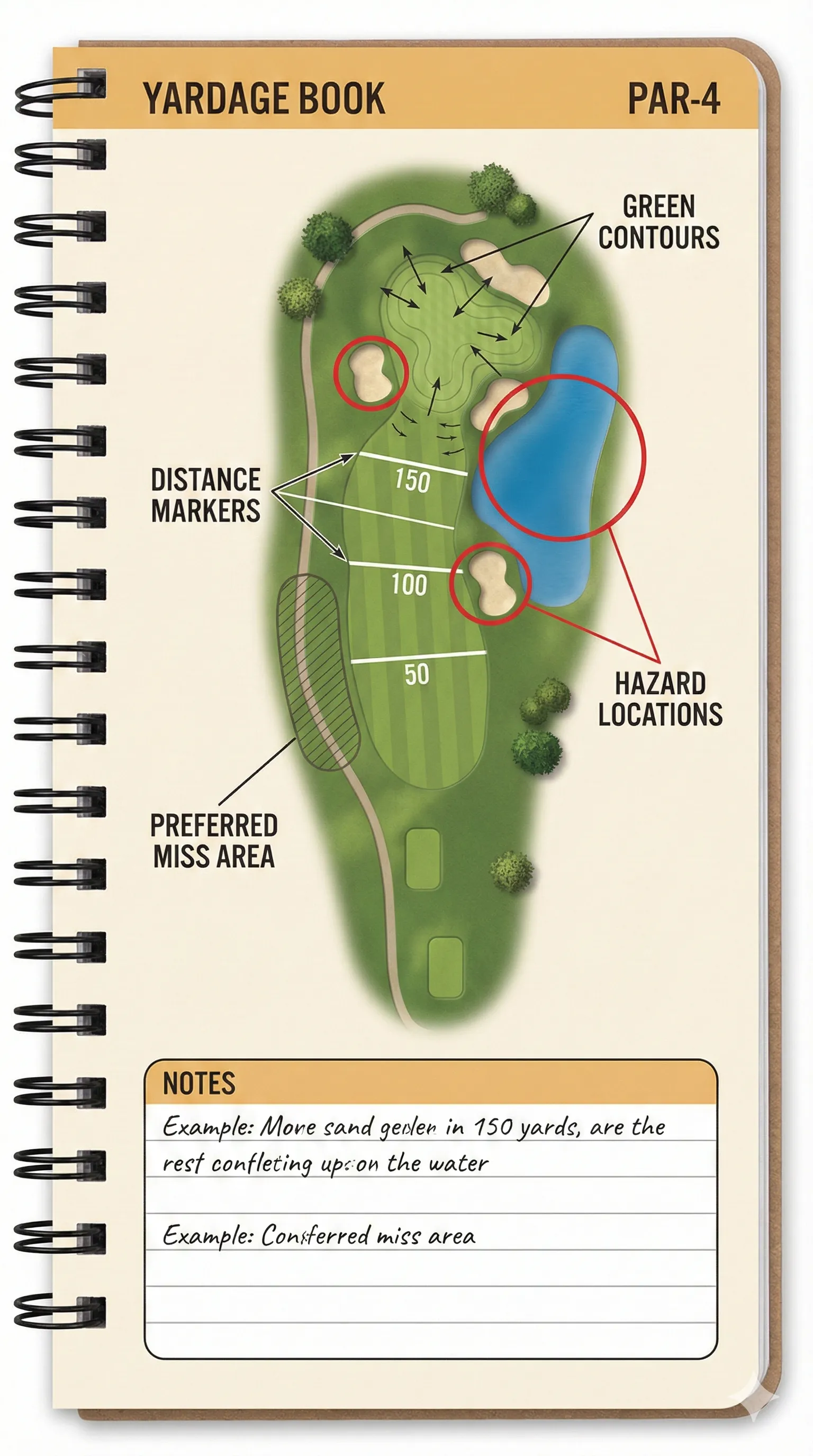 Educational diagram of a yardage book page with labeled callouts showing distance markers, green contours, hazard locations, and notes section
