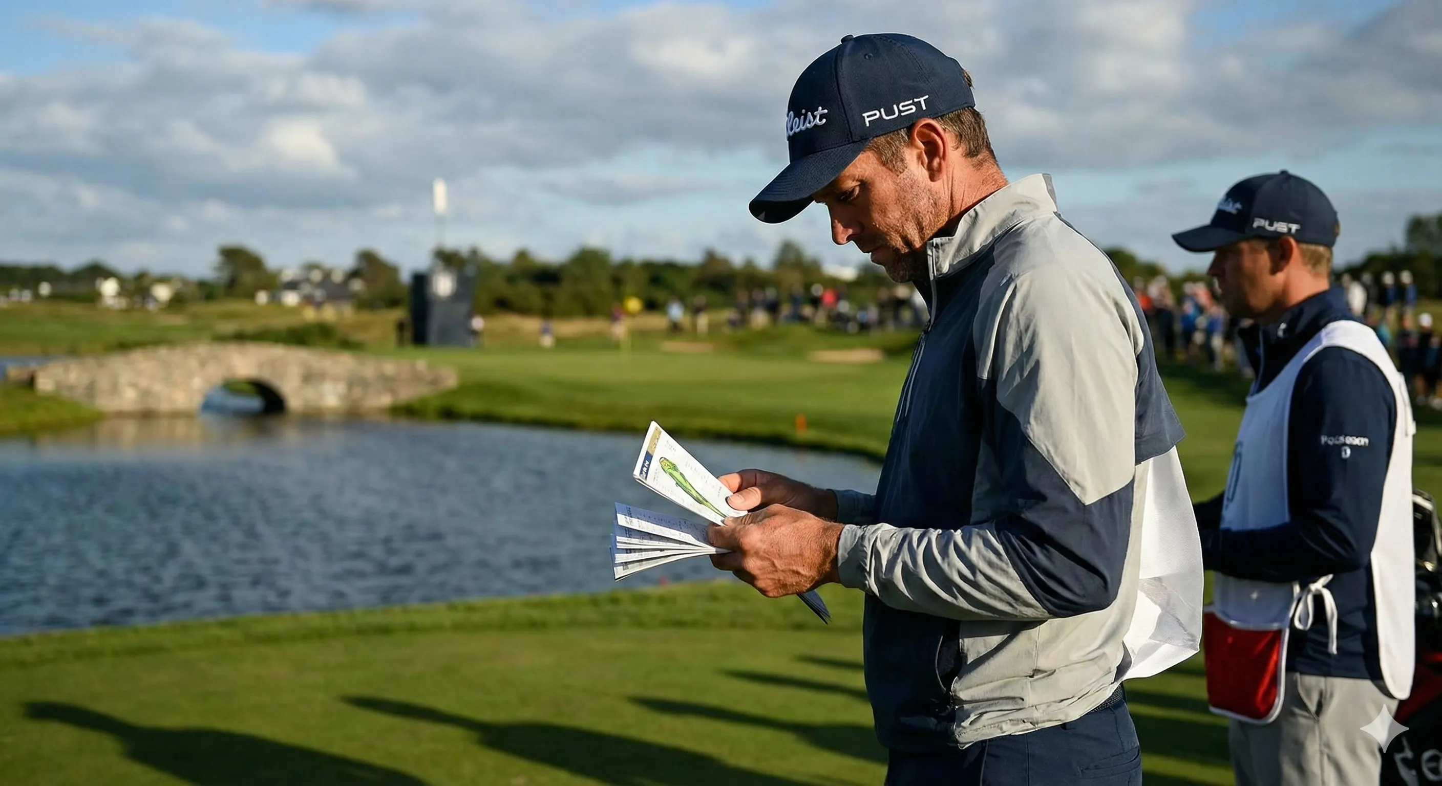 Golfer studying a yardage book before a crucial shot on a par 3 with water hazard, capturing the strategic mental game of golf