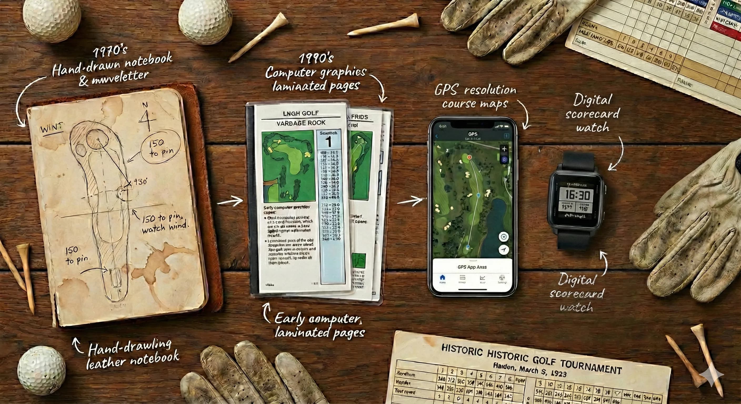 Timeline showing the evolution of yardage books from hand-drawn 1970s versions to modern GPS-integrated designs